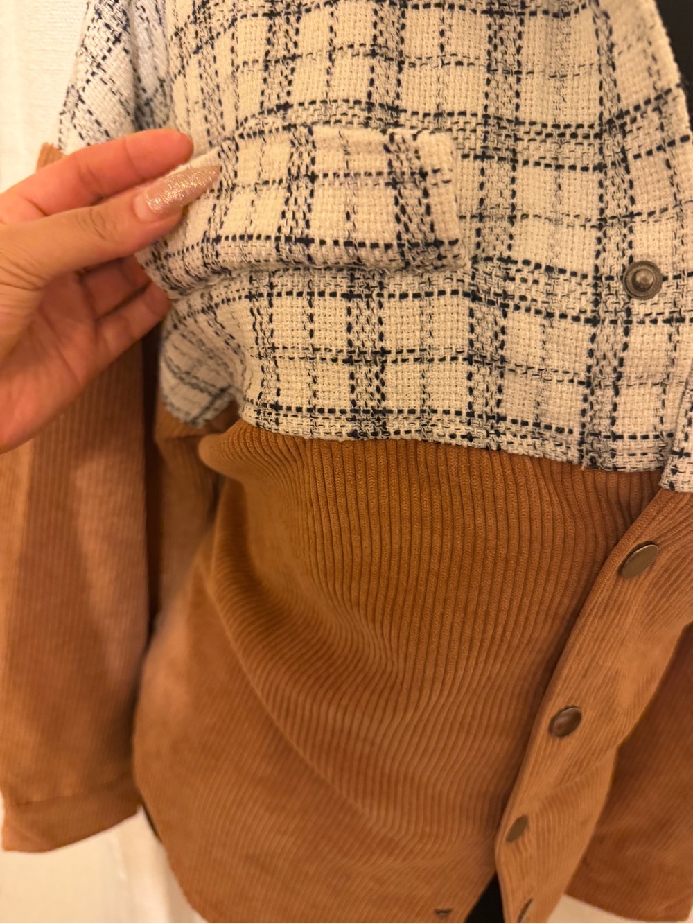 Two-Tone Plaid Yoke Corduroy Utility Jacket in Cream and Brown - Picture 3 of 7